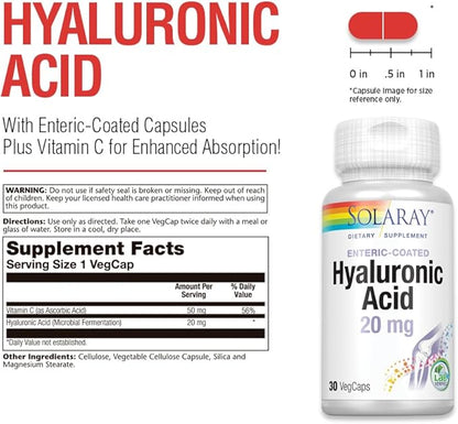 SOLARAY Hyaluronic Acid | Helps Support Healthy Joint Comfort and Skin Health | with Vitamin C | 30 VegCaps