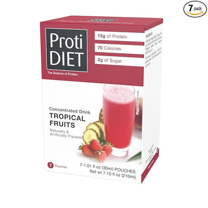 ProtiDIET Tropical Fruits flavored Concentrated High Protein Drink, Fat Free, Low Sugar, Low Sodium Nutritional Drinks to Support an Active Lifestyle - 7 Powder Pouches Per Box