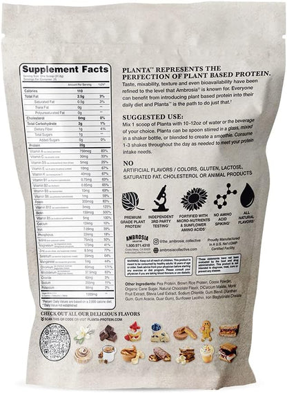 Ambrosia Planta - Plant-Based Protein Powder 20g | Dairy Free Vegan Protein Powder with BCAA Amino Acids | Keto-Friendly, No Added Sugar | 25 Servings | Melted Chocolate