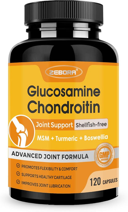 ZEBORA Glucosamine Chondroitin, Joint Supplements for Women/Men, with MSM, Turmeric, Joint Support Supplement, Shellfish-Free, 120 Capsules