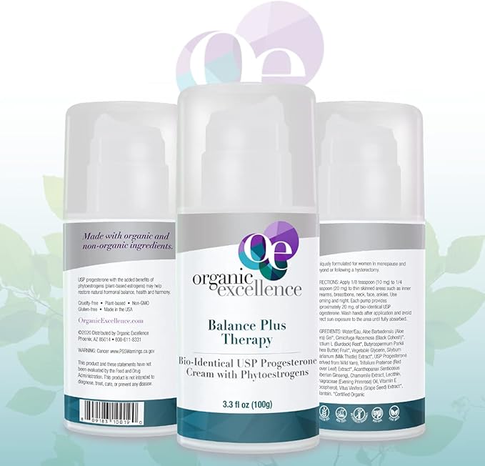 Organic Excellence Balance Plus Therapy - USP Bioidentical Organic Progesterone Cream for Women - with Phytoestrogens - for Menopause Relief and Natural Hormone Balance, 3.3 fl oz (100g)
