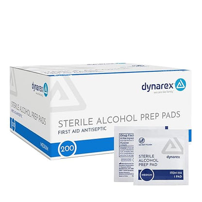 Dynarex DynaSafety Sterile Alcohol Prep Pads - Medium - 70% Isopropyl Alcohol, Individually Wrapped, Soft Cleaning Wipes - 200 per Box