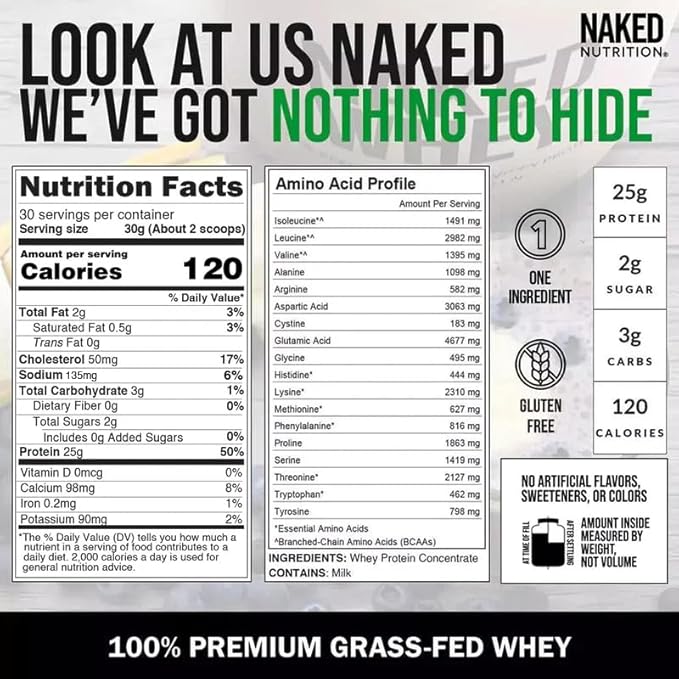 NAKED Whey 2LB 100% Grass Fed Whey Protein Powder - Only 1 Ingredient, Unflavored Whey Protein, NSF Certified, Undenatured, Gluten Free, Soy Free, No GMOs, No Preservatives