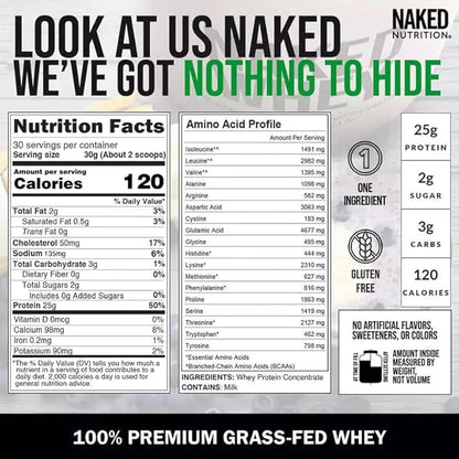 NAKED Whey 2LB 100% Grass Fed Whey Protein Powder - Only 1 Ingredient, Unflavored Whey Protein, NSF Certified, Undenatured, Gluten Free, Soy Free, No GMOs, No Preservatives