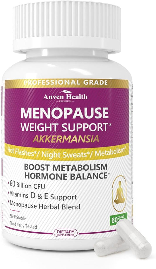 Menopause Supplements for Women 60 Billion with Akkermansia Probiotic & Prebiotic, Vitamin D & E for Hormone Balance, Metabolism, Gut Health Hot Flashes & Night Sweats - Non-GMO | 60 Caps