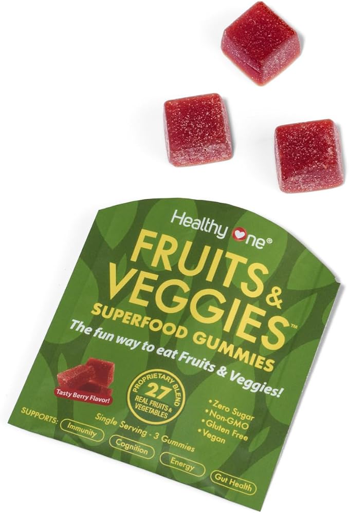 Fruits & Veggies Sugar-Free Gummies - 27 Whole Foods - Equals 3 Servings of Fruits & Vegetables - Improve Energy, Focus & Immune Function - Fiber - Antioxidants - Organic Ingredients - 14 Packets
