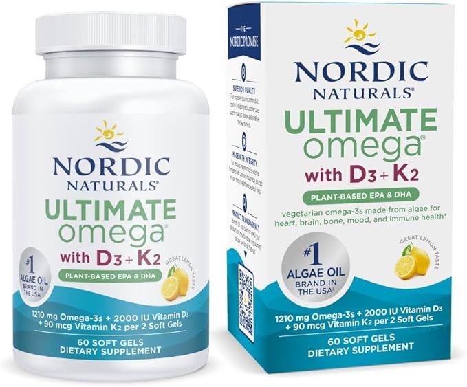 Nordic Naturals Ultimate Omega Plant Based Vitamin with Vitamin D3+K2-60 Vegetarian Soft Gels - 1210 mg Omega-3s Plus 2000 IU D3 and 90 mcg K2 - Promotes Brain Health - Non GMO - 30 Servings