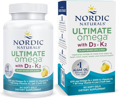 Nordic Naturals Ultimate Omega Plant Based Vitamin with Vitamin D3+K2-60 Vegetarian Soft Gels - 1210 mg Omega-3s Plus 2000 IU D3 and 90 mcg K2 - Promotes Brain Health - Non GMO - 30 Servings