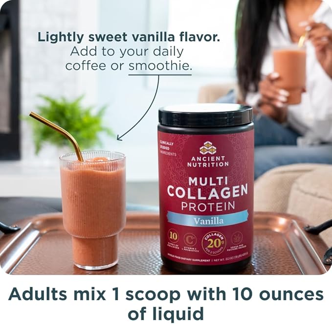 Ancient Nutrition Collagen Peptides Powder, Multi Collagen Protein, Women & Men, Vitamin C, Probiotics, Hydrolyzed Collagen, Supports Skin, Joints, Gut Health, Vanilla, 60 Servings (Pack of 2)