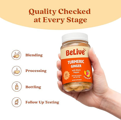 BeLive Turmeric and Ginger Gummies - 500mg - Joint and Mobility Support Supplement - Curcumin with Black Pepper for Enhanced Absorption - Gluten Free and Vegan - Tropical Flavor - 60 Count