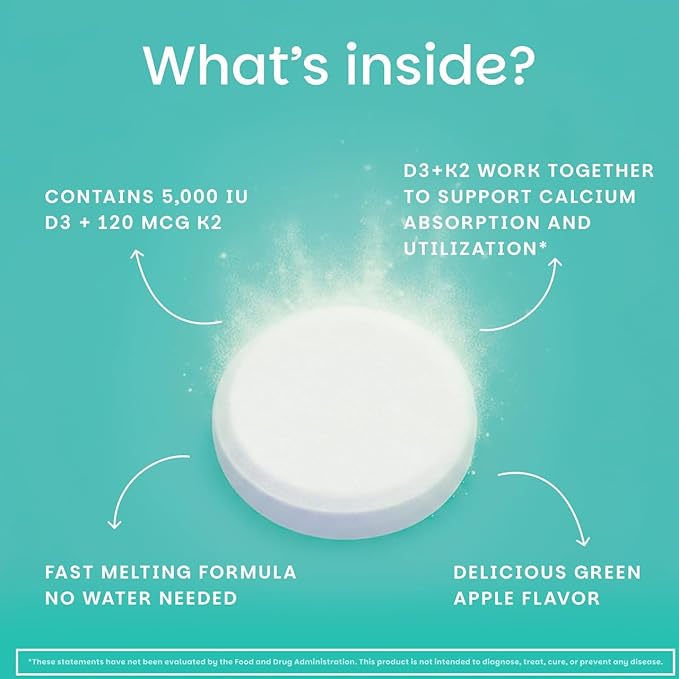 EZ Melts Dissolvable Vegan Vitamin D3 + K2 5,000 IU - Bone & Heart Health Support - Immune Function Support - No Artificial Flavors - Non-GMO - Green Apple - 180 Dissolvable Tablets (180 Servings)