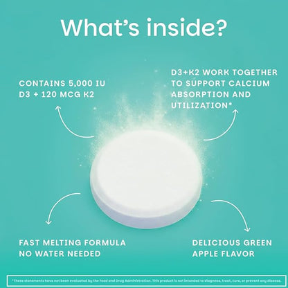 EZ Melts Dissolvable Vegan Vitamin D3 + K2 5,000 IU - Bone & Heart Health Support - Immune Function Support - No Artificial Flavors - Non-GMO - Green Apple - 180 Dissolvable Tablets (180 Servings)