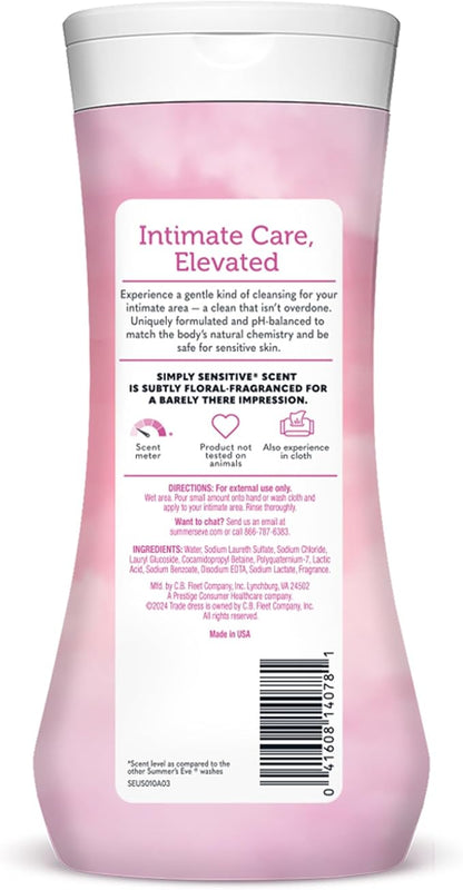 Summer's Eve Simply Sensitive All-Over Daily Feminine Wash, Gentle pH-Balanced Body Wash for Women, Removes Vaginal Odor, 15 Fl Oz