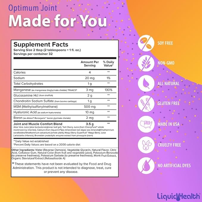 LIQUIDHEALTH Optimum Joint Support Liquid Multivitamin with Glucosamine, Chondroitin, MSM, Hyaluronic Acid - Increase Mobility, Joint Comfort, for Runners & Athletes - Made in USA, Vegan (2 Pack)