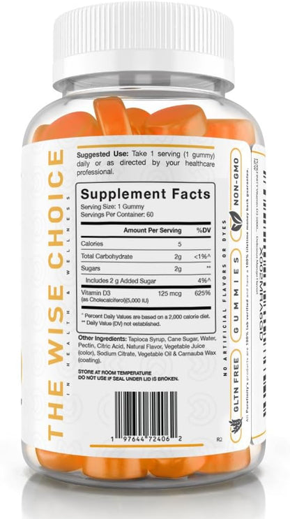 PUREFINITY Vitamin D3 5000 iu Gummies – Your Daily Vitamin D Supplement for Bone Health, Immune Health, and Joint Muscle Support for Adults & Kids – Gluten Free, Non-GMO – 60 Veggie Gummies