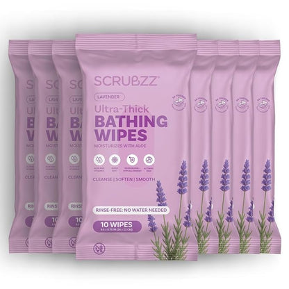 Extra Large Bath Wipes for Adults Bathing No Rinse - 80 Disposable Body Cleansing Wipes for Men, Women & Elderly - Great for Gym, Camping, Post Surgery - Shower Wipes - Lavender