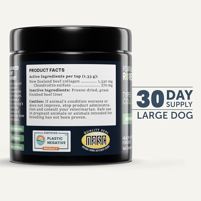 Four Leaf Rover Collagen for Dogs - Type II Grass-Finished Beef Collagen with Chondroitin Sulfate - 30 Day Large Dog Supply, Powder