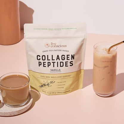 Live Conscious Collagen Peptides Powder - Vanilla Flavored Collagen - Hair, Skin, Nail, & Joint Support - Type I & III Grass-Fed Collagen Supplements for Women and Men - 30 Servings - 13oz (2-Pack)