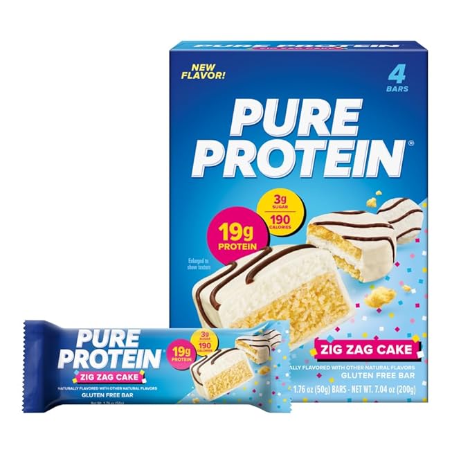 Pure Protein Zig Zag Cake Protein Bars – 19g Protein, 3g Sugar, 190 Calories (4 count) Low Sugar* High Protein Snack - Gluten Free - Perfect for a Healthy Snack.