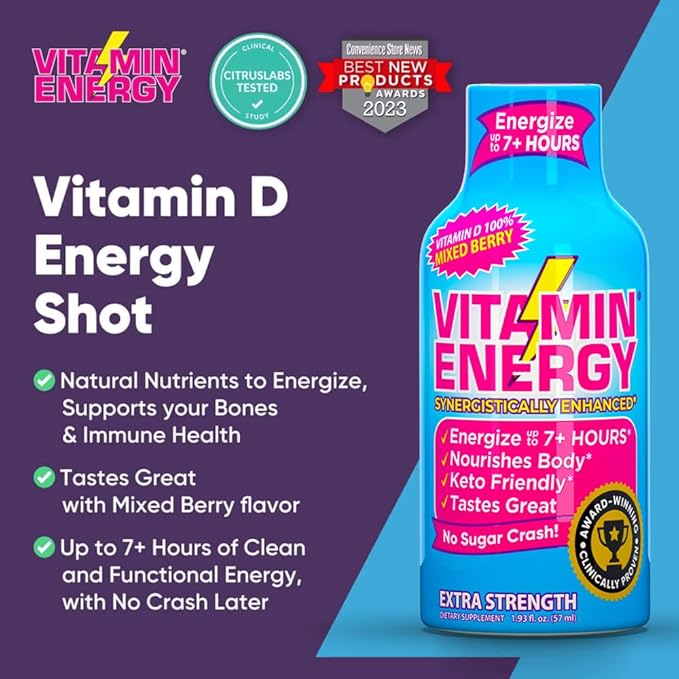 Vitamin Energy Vitamin D Extra Strength Energy Shot Mixed Berry 48 Pack, 260mg Natural Caffeine, B-Complex, Vitamin D, Wellness Support, Keto, Zero Sugar, Gluten-Free Vegan Kosher, 1.93 fl oz