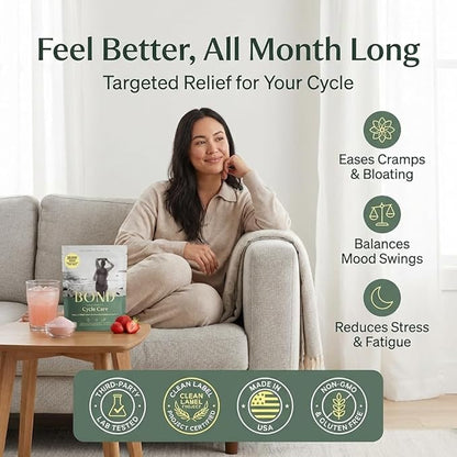 BOND Cycle Care – PMS Support Supplement & Hormone Balance for Women – Cortisol Reducer with Ashwagandha, L-Tryptophan, Magnesium, Cramps & Mood Relief, Strawberry Drink Mix - 20 Travel Packs