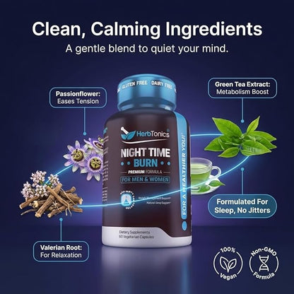 Herbtonics Night Time Burn & Sleep Complex Supports Overnight Metabolism, Stress Relief & Deep Sleep. Includes Melatonin, Valerian and Green Tea – Vegan Bedtime Weight Management (60 Capsules)