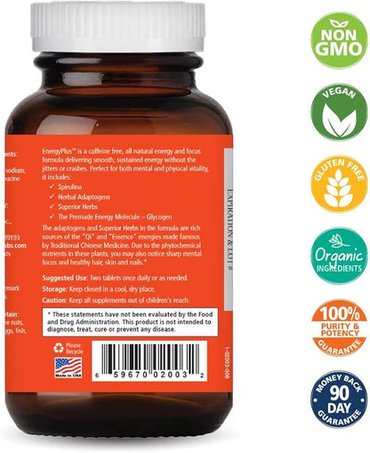 Energy Plus by Pure Essence - Caffeine Free, All Natural Herbal Energy and Focus Supplement - Smooth, No Jitters No Crash - 60 Tablets