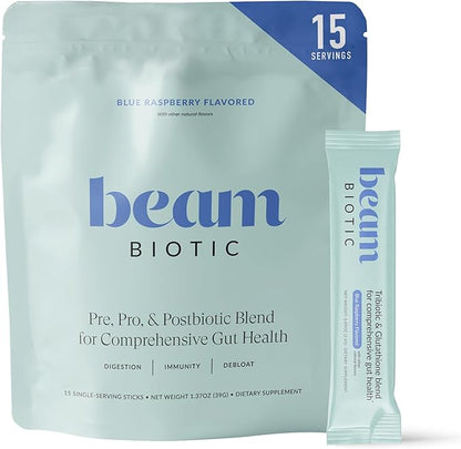 Beam Biotic Probiotics for Women – Gut Health & Digestive Health Powder with Pre, Pro & Postbiotics + Glutathione, Daily Probiotic Drink for Bloating Relief & Gut Balance, 15 Servings, Blue Raspberry