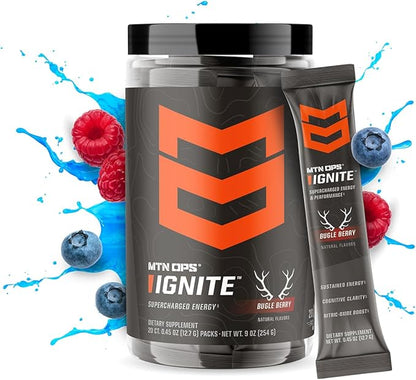 MTN OPS Ignite Sugar Free Energy Drink Powder Trail Packs with 200mg Caffeine, Travel Pre Workout Packets for to-Go Energy, Nootropic Blend, L Arginine & L Citrulline, 20 Servings, Bugle Berry