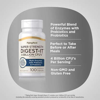 Piping Rock Digestive Enzymes for Women and Men | 100 Capsules | 4 Billion CFU | Multi Supplement with Probiotics and Prebiotics | Extra Strength Pills | Non-GMO, Gluten Free