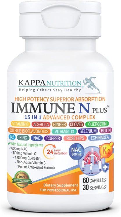 (60 Capsules), NAC 600mg, Quercetin 1,000mg, Vitamin C 500mg, Zinc 50mg, Vitamin D3 5,000iu, Selenium, Copper, Acerola, Ginger, Rutin, Citrus Bioflavonoids, Rose Hips, Echinacea, Immune N Plus 15 in 1