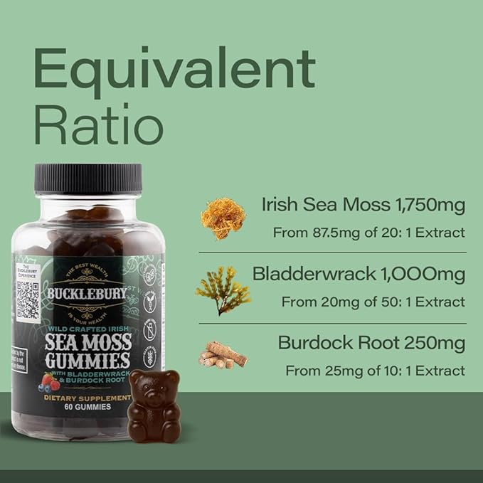 BUCKLEBURY Wild Crafted Irish Sea Moss Gummies with Bladderwrack & Burdock Root - Natural Chewable Multivitamin Vegan Sea Moss Gummies for Immune, Thyroid & Digestive Support - 60 Count