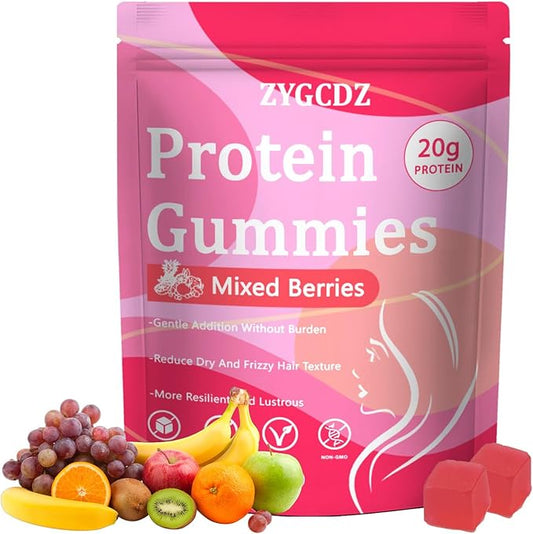 Protein Gummies for Women & Men, 20g Protein per Serving, Zero Sugar, Vegan, Supports Hair Skin Nails Health with Collagen, Energy Boosting Supplement, Mixed Berries Flavor, 60 Gummies (1) (1)