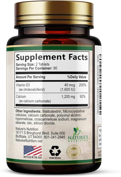 Calcium 1200 mg with Vitamin D3 Per Serving - Bone Health Supplement, Vitamin D & Calcium Supplements for Women & Men - Bone, Teeth & Immune Support, Nature's Calcium Pills, USA Bottled - 180 Tablets