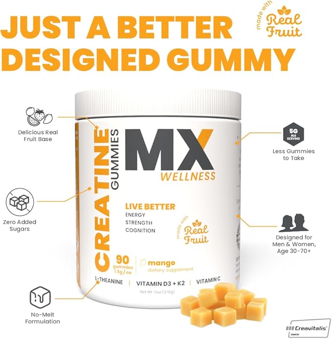 Creatine Monohydrate Gummies for Men & Women – Real Fruit Gummy Supplement for Muscle Growth, Recovery, Longevity, Cognitive Health & Memory – 90 Chews (90 Gummies, Mango)
