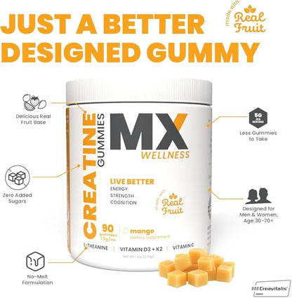 Creatine Monohydrate Gummies for Men & Women – Real Fruit Gummy Supplement for Muscle Growth, Recovery, Longevity, Cognitive Health & Memory – 90 Chews (90 Gummies, Mango)