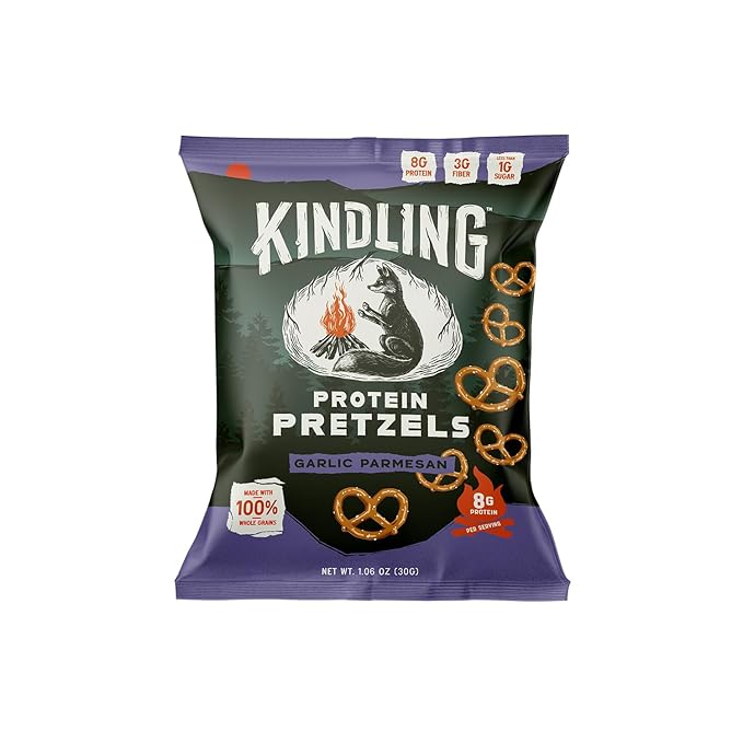 Kindling Protein Pretzels - Garlic-Parmesan | Protein-Packed Snack Size Bags | Kosher | 8-9g Protein Per Serving | No Artificial Flavors, Soy-Free | Lunches, Office Snacks, & On-the-Go | 16-Count (1.06oz Bags)