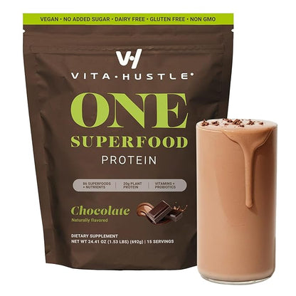 VitaHustle ONE Vegan Chocolate Protein Powder - 20g Plant Protein Meal Replacement with 86+ Superfoods & Greens, Probiotics + No Bloat Digestive Blend - Dairy Free, Gluten Free (15 Servings)