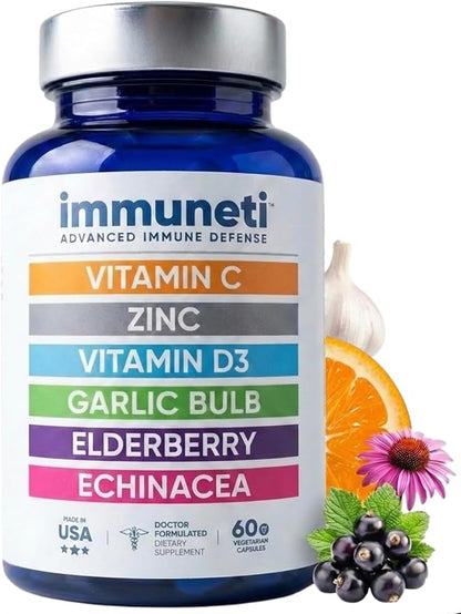 Immuneti Advanced Immune Support – Doctor Formulated 6-in-1 Daily Immunity Supplement – Made in USA – With Vitamin C, D3, Zinc, Elderberry, Garlic & Echinacea - Vital Nutrients & Antioxidants (1)