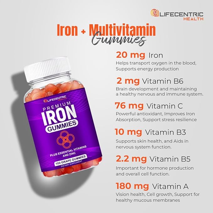 LifeCentricHealth Iron Gummies | Biotin Zinc Vitamin B Folic Acid Gummies | Vegan Gluten Free for Women & Men
