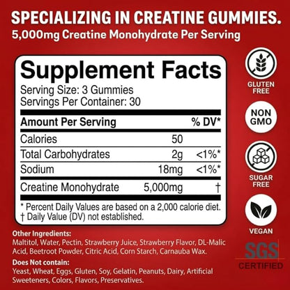 99.9% Creatine Monohydrate Gummies, SGS Certified, 5000mg Creatine Gummies for Men & Women, Support Muscle Strength, Recovery & Stamina, Sugar Free, Vegan, Non-GMO, Strawberry Flavor, 90 Count