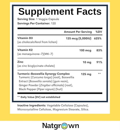 Natgrown Vitamin D3 + K2 w/Zinc - Vegan Vitamin D 5000 IU & Mk7 100mcg for Bone and Immune Support Supplement - Plant Based D3 K2 with Superfood Blend, Gluten-Free - 120 Capsules