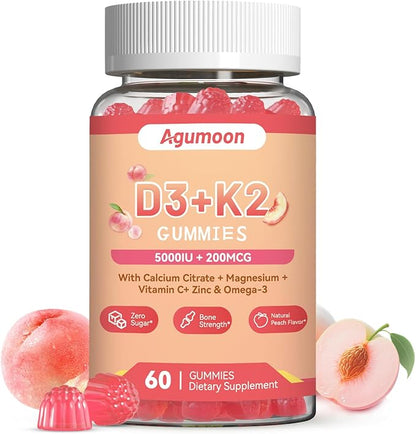 Vitamin D3 K2 Gummies for Adults - Vitamin D3 5000IU + K2 (MK-7) 200mcg, with Calcium Citrate, Magnesium Citrate, Omega-3 for Bone, Muscle, Teeth Immune - 60 Gummies