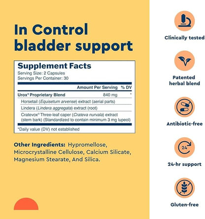 Uqora in Control Bladder Support - Daily Bladder Care & Support for Urinary Comfort - Made with botanicals, Like Horsetail & Spicebush - Gluten-Free & Vegetarian - 60 Capsules
