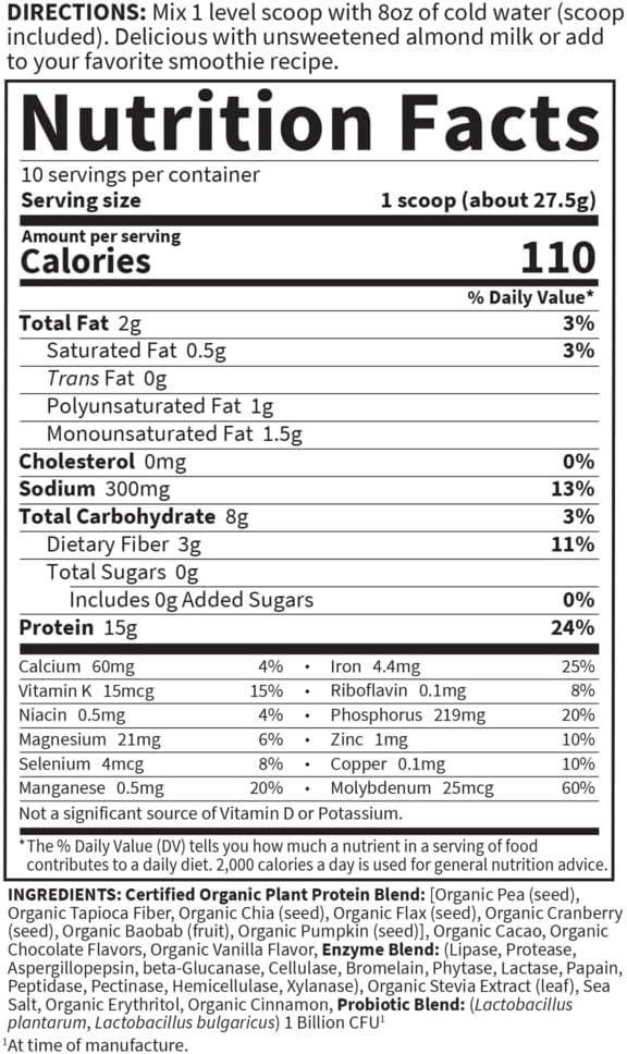 Garden of Life Organic Plant Protein Chocolate Flavor Protein Powder with Probiotics & Enzymes – Plant Based Powder, Amino Acids, Non-GMO, Grain-Free, Gluten-Free, Vegan, 10 Servings