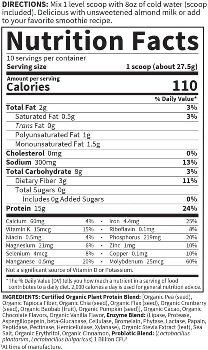 Garden of Life Organic Plant Protein Chocolate Flavor Protein Powder with Probiotics & Enzymes – Plant Based Powder, Amino Acids, Non-GMO, Grain-Free, Gluten-Free, Vegan, 10 Servings