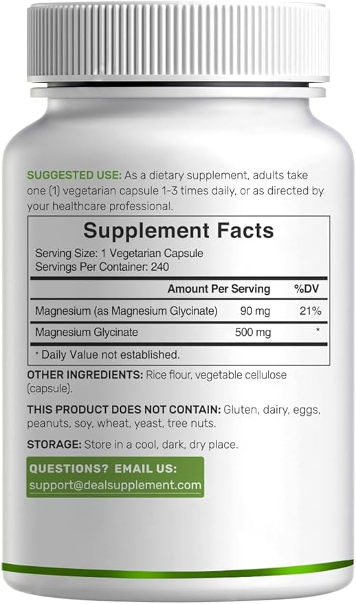 Deal Supplement Magnesium Glycinate 500mg, 240 Veggie Capsules | 100% Chelated for Easy Absorption | Essential Mineral Supplement | Non-GMO, Gluten-Free