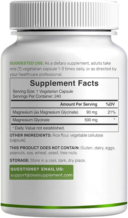 Deal Supplement Magnesium Glycinate 500mg, 240 Veggie Capsules | 100% Chelated for Easy Absorption | Essential Mineral Supplement | Non-GMO, Gluten-Free
