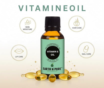 Earth N Pure Vitamin E Oil Therapeutic Grade for Skin, Hair and Nails with Glass Dropper - 50 ml