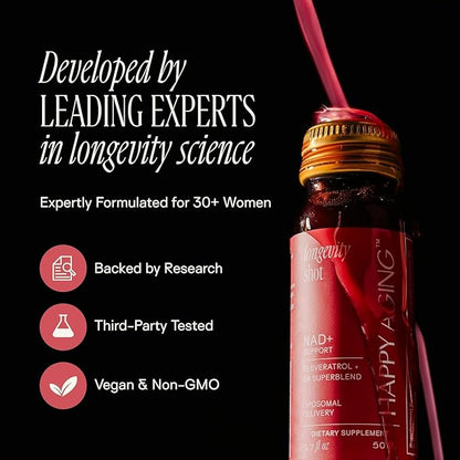Happy Aging Liquid NAD+ Supplement for Women | Liposomal Nicotinamide Riboside & Resveratrol Shots for Energy, Skin Health & Brain Fog | NMN Alternative with Antioxidants | 10 Shots, 30-Day Supply